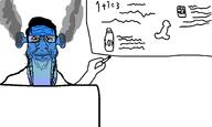 arm blue blue_skin calm closed_mouth ear fume glasses hair hand holding_object ogre_ears smile smoke soyjak stretched_chin stubble teacher variant:markiplier_soyjak whiteboard // 2000x1200 // 56.7KB