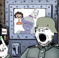 artist:curtsibling gas_chamber glasses helmet my_little_pony nas open_mouth soldier soyjak steven_universe stubble undertale variant:gapejak // 720x710 // 606.2KB