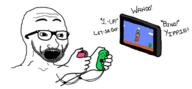 animated glasses hand holding_object joycon mario nintendo nintendo_switch open_mouth pixel_art stubble subvariant:wewjak text variant:soyak video_game // 680x315 // 138.3KB