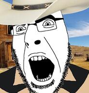angry clothes cowboy cowboy_hat desert glasses hat irl_background open_mouth soyjak stubble variant:cobson wild_west // 676x707 // 411.3KB