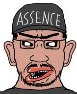 amerimutt ascence_(user) black_sclera black_shirt brown_skin cap clothes ear glasses hat lips meta:namefags moustache stubble subvariant:chuddy thick_eyebrows unibrow variant:chudjak wrinkles // 1200x1470 // 39.6KB