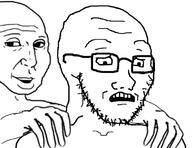 glasses groomer hand massage open_mouth scared soyjak stubble subvariant:soyak_(concerned) variant:soyak variant:wojak // 725x557 // 194.3KB