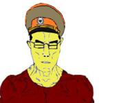 asian closed_mouth clothes glasses hair military_uniform nudev red_shirt smile soyjak subvariant:muscular_chud variant:chudjak yellow_skin // 855x670 // 291.3KB