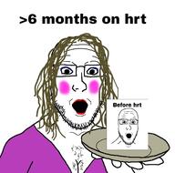 2soyjaks arm before_after brown_hair clothes comparison glasses hair hand holding_object holding_plate hrt open_mouth plate soyjak stubble tranny variant:platejak // 1366x1350 // 731.5KB