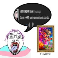 bowser clothes donkey_kong glasses illumination_studios lipstick luigi mario nintendo open_mouth princess_peach screenshot soyjak soyjak_party_video_archive speech_bubble stubble text the_super_mario_bros_movie toad_(mario) tongue tranny variant:bernd video_game yellow_teeth youtube // 2000x2000 // 1.8MB