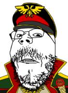 chud clothes commissar glasses hat military military_cap mustache purity_seal qa_(4chan) sci-fi soyjak stubble variant:gapejak warhammer // 678x921 // 162.2KB