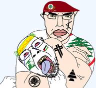 ack beret bloodshot_eyes choke_hold clothes cross flag:lebanon flag:palestine glasses green_eyes hat headband hezbollah lebanon pine_tree stubble subvariant:pol_face tattoo tree variant:bernd variant:chudjak white_skin // 1996x1844 // 414.6KB
