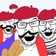 4soyjaks angry beret bread clothes country countrywar flag flag:canada flag:france france glass glasses hat mustache nose_piercing open_mouth pipe smoking soyjak stubble variant:feraljak wine wine_glass // 1500x1500 // 588.3KB