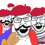 4soyjaks angry beret bread clothes country countrywar flag flag:canada flag:france france glass glasses hat mustache nose_piercing open_mouth pipe smoking soyjak stubble variant:feraljak wine wine_glass // 1500x1500 // 588.3KB