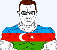 arm azerbaijan blue_eyes brown_hair buff closed_mouth clothes flag flag:azerbaijan glasses hair soyjak subvariant:chudjak_front subvariant:muscular_chud transparent transparent_background tshirt variant:chudjak vein yellow_hair // 1051x929 // 90.0KB
