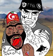 1923 2soyjaks ack agartha arabic_text attila beard brown_skin choke_hold combat_helmet crescent deer ergenekon fez flag glasses headlock helmet islam israel open_mouth pakistan sonnenrad strangling subvariant:chudjak_front swastika syria tattoo the_weak_should_fear_the_strong tongue tranny turkic_text turkish_text turkiye variant:bernd variant:chudjak wolf // 1012x1080 // 188.5KB