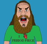 angry arm beard brown_hair clothes hair i_love jimmy_davis mustache open_mouth period_piece soy_parody soyjak subvariant:science_lover tshirt variant:markiplier_soyjak youtuber // 384x361 // 8.5KB