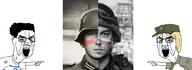 2soyjaks arm badge bloodshot_eyes christianity clothes cross crying ear germany glasses hair hand hat hoholcaust holocaust israel jewish_nose judaism marichka military military_uniform money nazism necklace open_mouth pointing russia russo_ukrainian_war soyjak stubble swastika text ukraine variant:chudjak variant:impish_soyak_ears yellow_hair // 1802x653 // 572.7KB