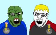 2soyjaks badge crazed frog glasses green_skin nate oldfag pepe slapfight soot_colors soyjak soyjak_party stubble text variant:feraljak // 2558x1630 // 327.2KB