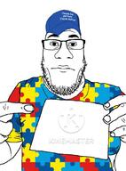 autism autism_speaks balding baseball_cap closed_mouth clothes glasses hand hat holding_object kinemaster meta:trvthnvke sign soyjak stubble variant:nuplier // 500x674 // 122.4KB