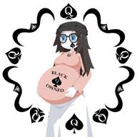 bbc beanie belly blacked blue_eyes chibi closed_mouth cute glasses hair meta:the_baby_is_black pregnant queen_of_spades variant:soytan white_background white_skin // 600x600 // 64.1KB