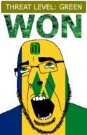 ahegao country emerald flag flag:saint_vincent_and_the_grenadines gem glasses green green_eyes hair looking_up open_mouth saint_vincent_and_the_grenadines schlog_color_event soyjak soyjak_blog stubble teeth text threat_level_green variant:cobson won // 721x1115 // 151.0KB