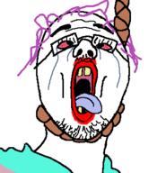 beard bloodshot_eyes clothes crying glasses hair joel_(user) lipstick mustache noose open_mouth purple_hair rope stubble tranny variant:joak // 346x360 // 13.5KB
