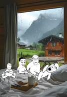 bed bedroom comfy cute full_body rain sitting subvariant:wholesome_soyjak variant:chudjak variant:cobson variant:feraljak variant:gapejak wholesome window // 700x1000 // 370.4KB