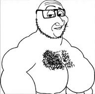 bald buff chest_hair glasses hair mge raised_eyebrow smug soyjak stubble variant:smugjak white_background // 931x916 // 134.5KB