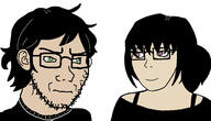 andrew_graves ashley_graves beard closed_mouth clothes ear frown glasses green_eyes hair irritated looking_at_each_other pink_eyes smile soyjak subvariant:soyak_(irritated) subvariant:soygirl the_coffin_of_andy_and_leyley variant:soyak white_background white_skin // 2048x1173 // 282.3KB