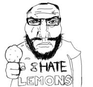 angry balding beard black_and_white food fruit glasses hand lemon monochrome punisher_face redraw text variant:markiplier_soyjak // 600x556 // 89.2KB