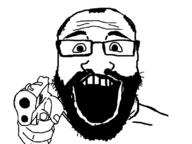 balding beard firearm glasses gun hand happy holding_gun holding_object holding_pistol open_mouth pistol soyjak stubble subvariant:science_lover threatening variant:markiplier_soyjak weapon // 800x600 // 98.9KB