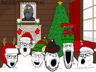 angry beard christmas christmas_tree curtain elf elf_hat open_mouth present santa_hat snow soot soot_colors soyjak soyjak_party soyjak_trio star stocking stubble text variant:a24_slowburn_soyjak variant:feraljak variant:gapejak variant:impish_soyak_ears variant:markiplier_soyjak variant:soyak variant:tony_soprano_soyjak variant:wojak window // 1000x750 // 453.2KB