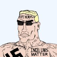 blond buff glasses incel muscles rape_(tobacco) subvariant:perceptive_chud sunglasses swastika tattoo tattoos variant:chudjak // 799x799 // 126.6KB
