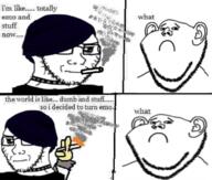 choker cigarette clothes comic_strip concerned ear emo_hair frown glasses goth hair nose_piercing nose_ring sad smoke soyjak spike stubble subvariant:soyak_(irritated) variant:impish_soyak_ears variant:soyak // 736x625 // 320.0KB