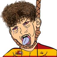 bloodshot_eyes brown_hair clothes ear flag hair hanging open_mouth red_eyes rope soyjak spain spanish suicide tongue variant:carterjak variant:kuzjak white_skin zoomer // 720x720 // 355.4KB