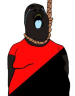big_lips big_nose blue_tongue crying fat flag:anarcho-communism hanging nigger red_sclera rope shitskin total_anarchist_death variant:hydejak yellow_teeth // 961x1227 // 111.9KB