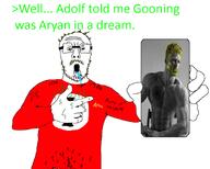 adolf adolf_hitler aryan chud coomer giga gigachad glasses gooner greentext open_mouth pointing red_shirt showing_phone showing_something ss_runes stink_lines stubble variant:unknown // 1257x1009 // 337.2KB