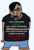 arm artist:sneedborea clothes crying fat full_body glasses goth hand holding_object obese self_harm soyjak stubble text tshirt variant:rupturejak // 448x658 // 13.4KB