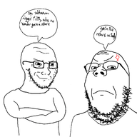 angry angry_eyebrows angry_mark arm arms_crossed body crossed_arms dialogue forehead_lines frown glasses looking_at_you nose shirts stubble subvariant:soyak_(smug) text variant:gapejak // 2073x2073 // 366.0KB
