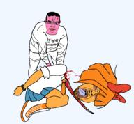 anger_mark angry anti_ongezellig blood bloodshot_eyes bow chud clenched_teeth closed_mouth clothes crying decapitation ear execution hair holding_object holding_sword kneeling mymy necktie ongezellig orange_hair orange_skin pink_skin severed_head skirt soyjak stubble sword tongue variant:bernd variant:chudjak vein weapon yellow_teeth // 1729x1604 // 161.2KB
