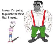 blue_eyes buff clothes ear full_body glasses hair mustache nazism purple_hair redraw soyjak stubble subvariant:perceptive_chud swastika text tranny variant:bernd variant:chudjak vein // 1440x1152 // 1023.2KB