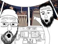 9_11 airplane beanie beard clothes glasses hair hat incomprehensible_woahjack irl_background open_mouth pointing soyjak variant:two_pointing_soyjaks // 663x502 // 65.8KB