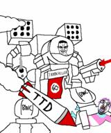 ack acking arm bloodshot_eyes body bwc chud crying fins flag:transgender_pride_flag foot full_body glasses head killing laser leg mech mecha meta:tagme open_mouth pink_hair purple_hair red_eyes robot rocket smile smoke stubble subvariant:chudjak_front swastika text tongue tranny troon troonella ttd variant:bernd variant:chudjak white_background white_skin // 432x518 // 27.3KB
