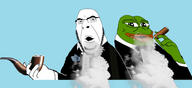 amphibian artist:sectionalism bald blue_background cigar clothes frog glasses lips nas:pepe pepe_the_frog pipe smoke stubble suit tuxedo variant:cobson // 3439x1582 // 412.9KB
