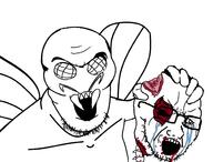 2soyjaks arm blood blood_drip blood_from_mouth blood_from_neck blood_splatter bug crying death decapitation deep_wound exposed_bone exposed_brain exposed_muscle eye_socket gore hand holding_object holding_severed_head horror looking_at_you looking_to_the_right missing_eye monster mutilation open_mouth severed_head soyjak stubble variant:feraljak variant:soyak white_background wing // 1970x1500 // 520.0KB