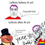 ai_art blue chud clothes copyright ear flag glasses green hand hat nordic_chad open_mouth pig pink_skin porky purple purple_eyebrows purple_hair rainbow red retard smirk smug soyjak teeth text tongue tranny tshirt variant:chudjak yellow yes_daddy // 1081x1081 // 596.2KB