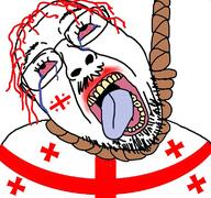 bloodshot_eyes clothes country crying flag georgia glasses hanging lisptick open_mouth red_hair rope soyjak stubble suicide tongue variant:bernd yellow_teeth // 768x718 // 158.8KB