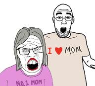 2soyjaks arm clothes ear female glasses grey_hair hand heart i_love lipstick mother open_mouth pointing son stubble subvariant:female_feraljak text variant:feraljak variant:shirtjak wrinkles // 828x745 // 67.3KB