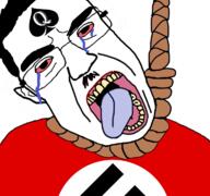 bbc bloodshot_eyes clothes crying glasses hair hanging mustache nazism open_mouth politics queen_of_spades rope soyjak subvariant:patrick suicide swastika tattoo tongue variant:chudjak yellow_teeth // 768x719 // 294.9KB