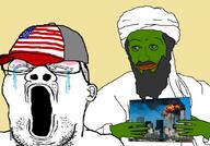 2001 9_11 amphibian beard clothes crying explosion frog glasses green_skin hat nas:pepe osama_bin_laden pepe pepe_the_frog stubble turban united_states variant:reaction_soyjak wtc // 1024x717 // 573.9KB