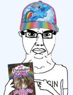 angry arm book buttercup_dew cap cartoon closed_mouth clothes ear glasses hair hand hat holding_book holding_object my_little_pony nationalism pointing rainbow_dash soyjak subvariant:chudjak_front text tshirt variant:chudjak // 700x900 // 320.9KB