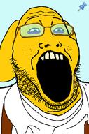 clothes dog ear glasses janny open_mouth push_pin soyjak sticky stubble suspenders tired variant:markiplier_soyjak2 yellow_skin // 645x973 // 62.6KB