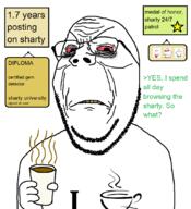 4soyjaks angry arm bloodshot_eyes coffee ear gem glasses greentext hand heart holding_object i_love smile soot soyjak soyjak_party stubble subvariant:wholesome_soyjak text variant:gapejak yellow_teeth // 996x1090 // 118.7KB