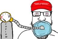 anesthesia bloodshot_eyes clothes copium gas_cylinder glasses hat maga mask open_mouth oxygen_mask redraw soyjak stubble text variant:markiplier_soyjak // 810x546 // 242.2KB